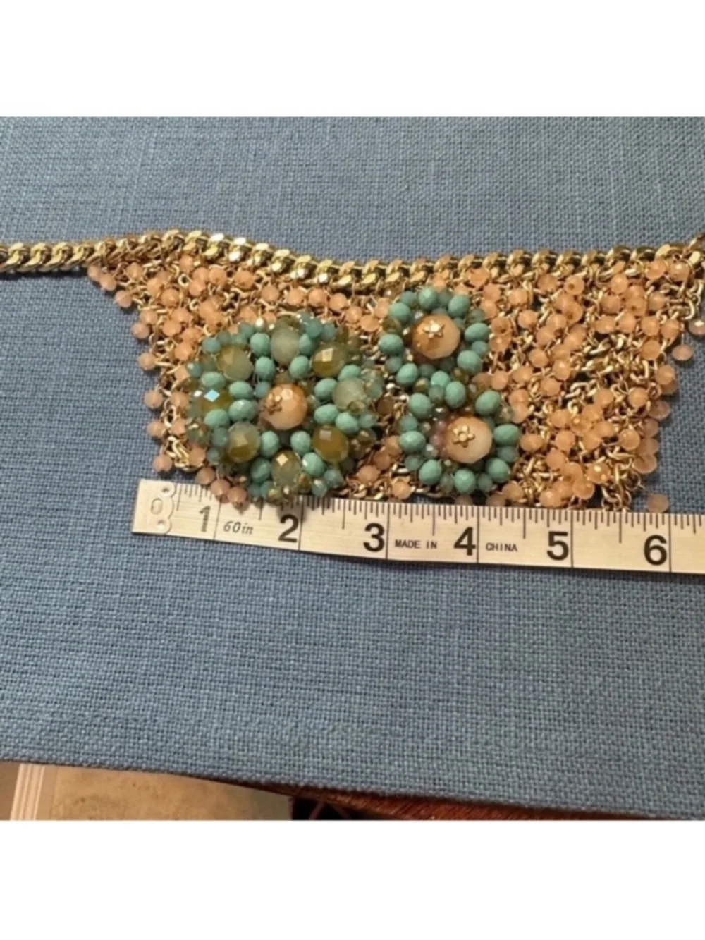 Gold Statement Necklace with Turquoise and Blush Pink Color Beads - Picture 12 of 12